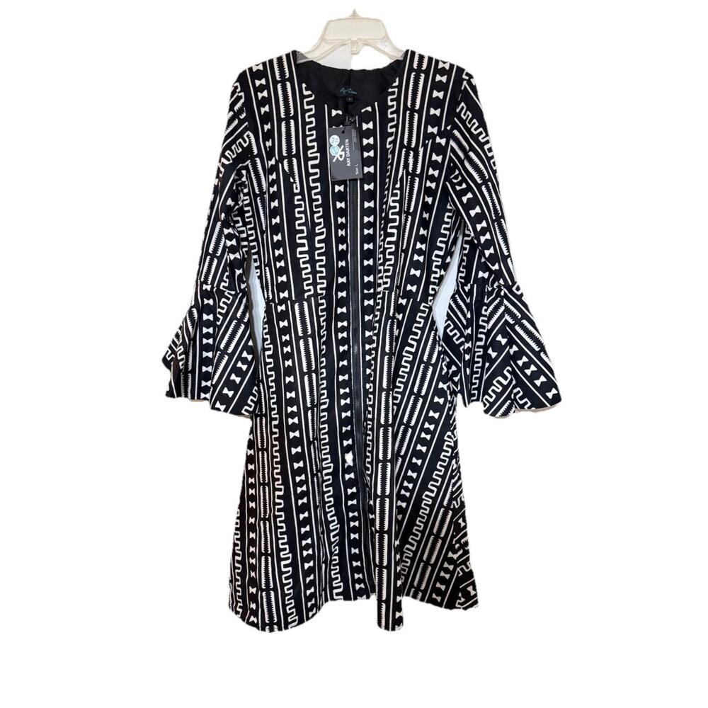 Ray Darten African Print Fit & Flare Dress Black White Bell Sleeve NWT Size L